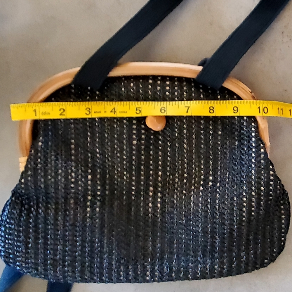 Vintage 1950's Black Woven Rafia Overlay Bamboo Frame Shoulder Bag, EUC - Picture 13 of 15